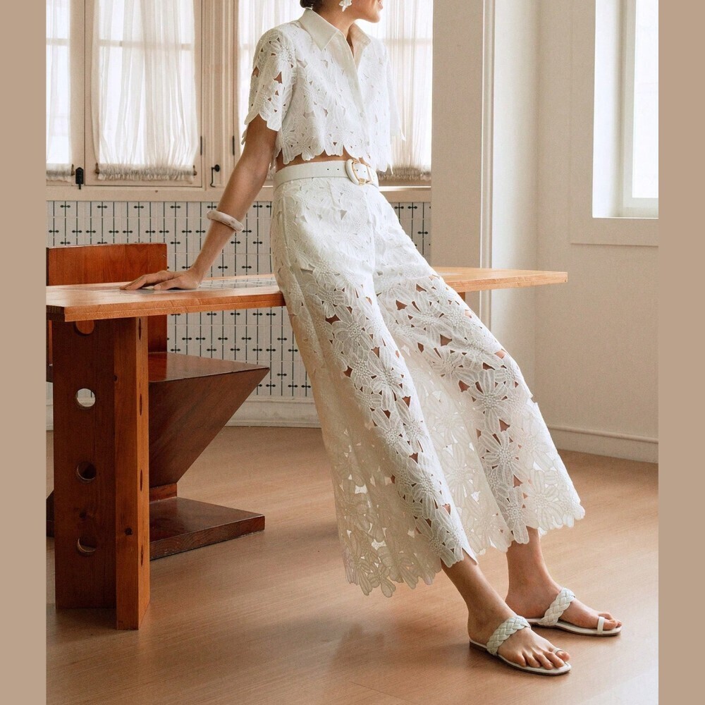 White Floral Lace Cropped Shirt & Wide Leg Pants Set
